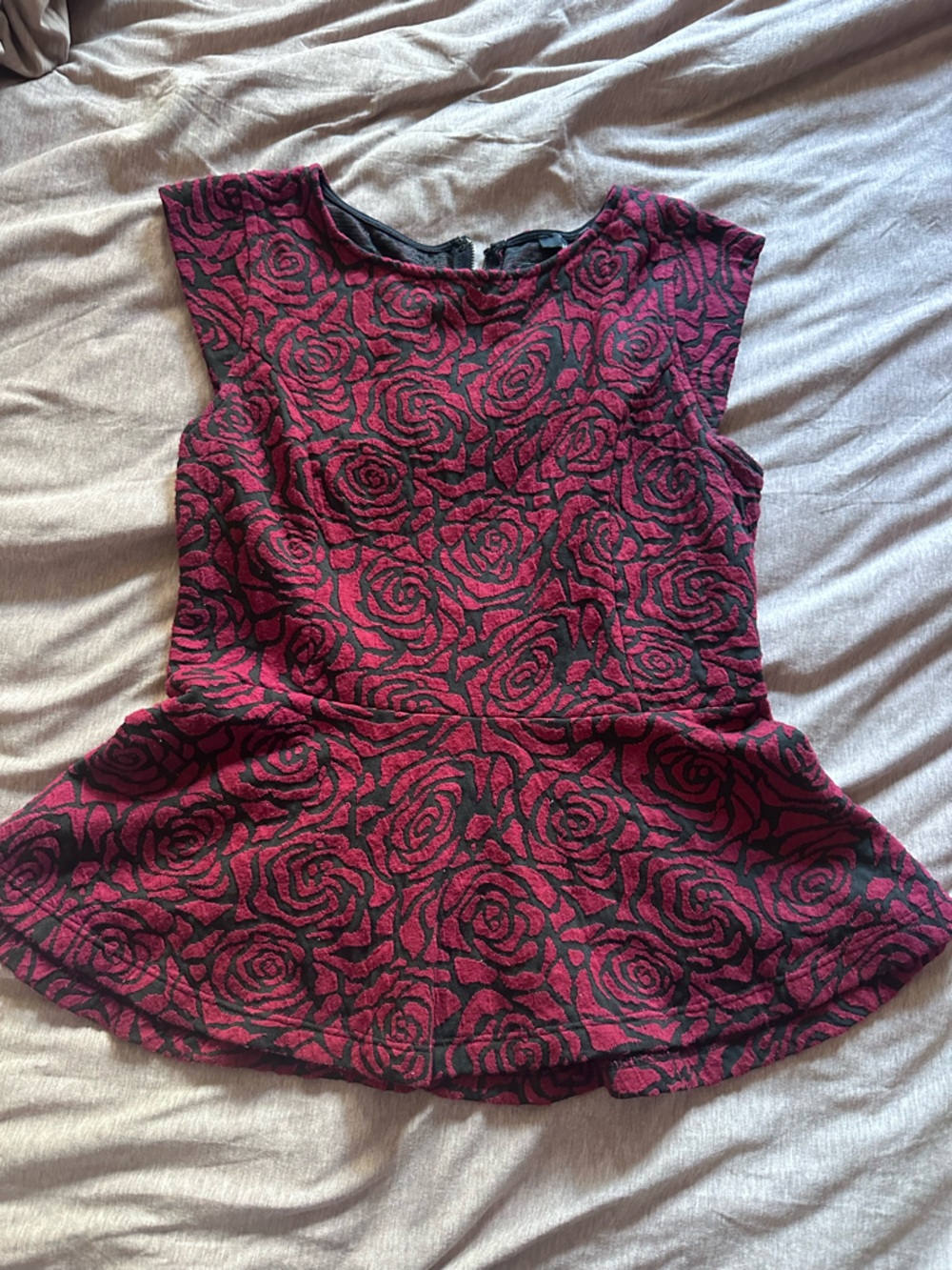 Forever 21 Rose-Print Burgundy and Black Peplum Top